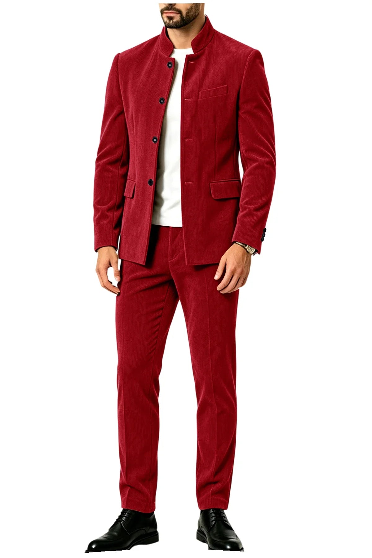 Men's Corduroy 2-Piece Suit – Mandarin Collar Single Breasted Blazer & Pants for Business & Formal Occasions