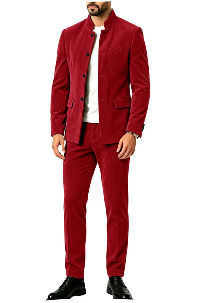 Men's Corduroy 2-Piece Suit – Mandarin Collar Single Breasted Blazer & Pants for Business & Formal Occasions
