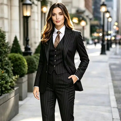 Women's Navy Pinstripe 3 Pcs Suits Tailored Blazer Waistcoat Trousers Formal Event Wear Women's Business Set Jacket+Vest+Pant
