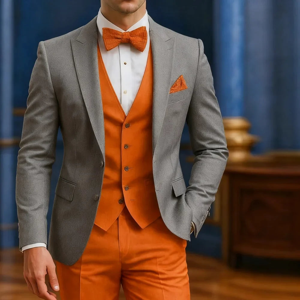 Costume Formel Homme Blanc Et Orange Occasion Mariage Garçons d'honneur Remise de diplôme Bal Smoking 3 Pièces Tenue Masculine Traditionnelle