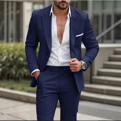 Ensemble décontracté 2 pièces pour homme, bleu marine, avec blazer à revers blanc et pantalon, costume de garçons d'honneur pour cérémonie