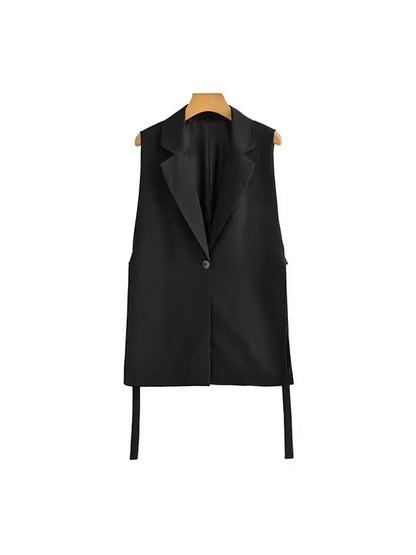 Women Fashion With Taps Side Vents Waistcoat Vintage Sleeveless Front Button Female Outerwear Chic Vest Tops