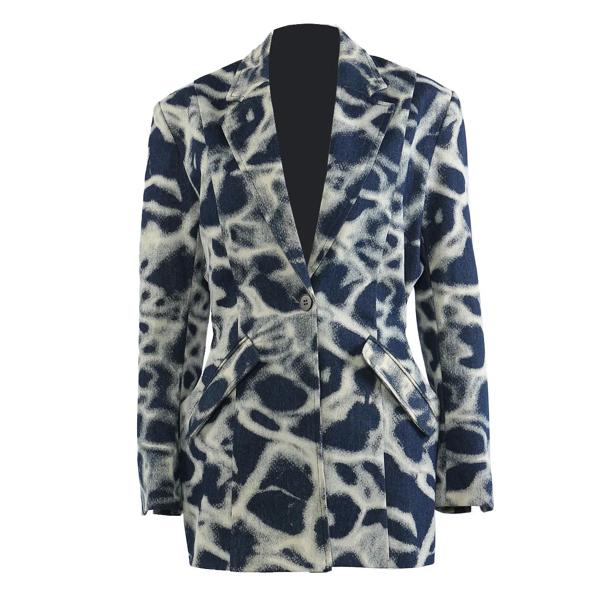 2026 Spring Autumn New Women's Blazer Tie-dye Single Button Pockets Waist Cinching Elegant Coats Retro Denim Jacket HK18495