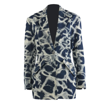 2026 Spring Autumn New Women's Blazer Tie-dye Single Button Pockets Waist Cinching Elegant Coats Retro Denim Jacket HK18495