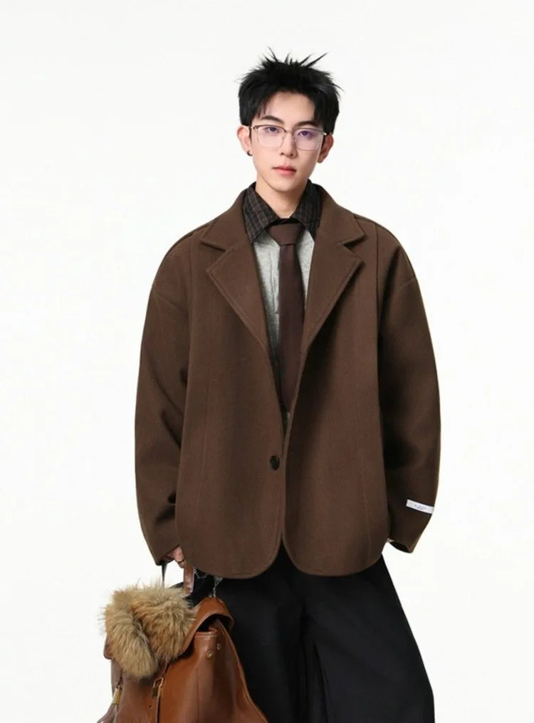 Men's British Style Brown Wool Blend Blazer Korean Loose Lapel Chic Autumn Fashion Suit Jacket