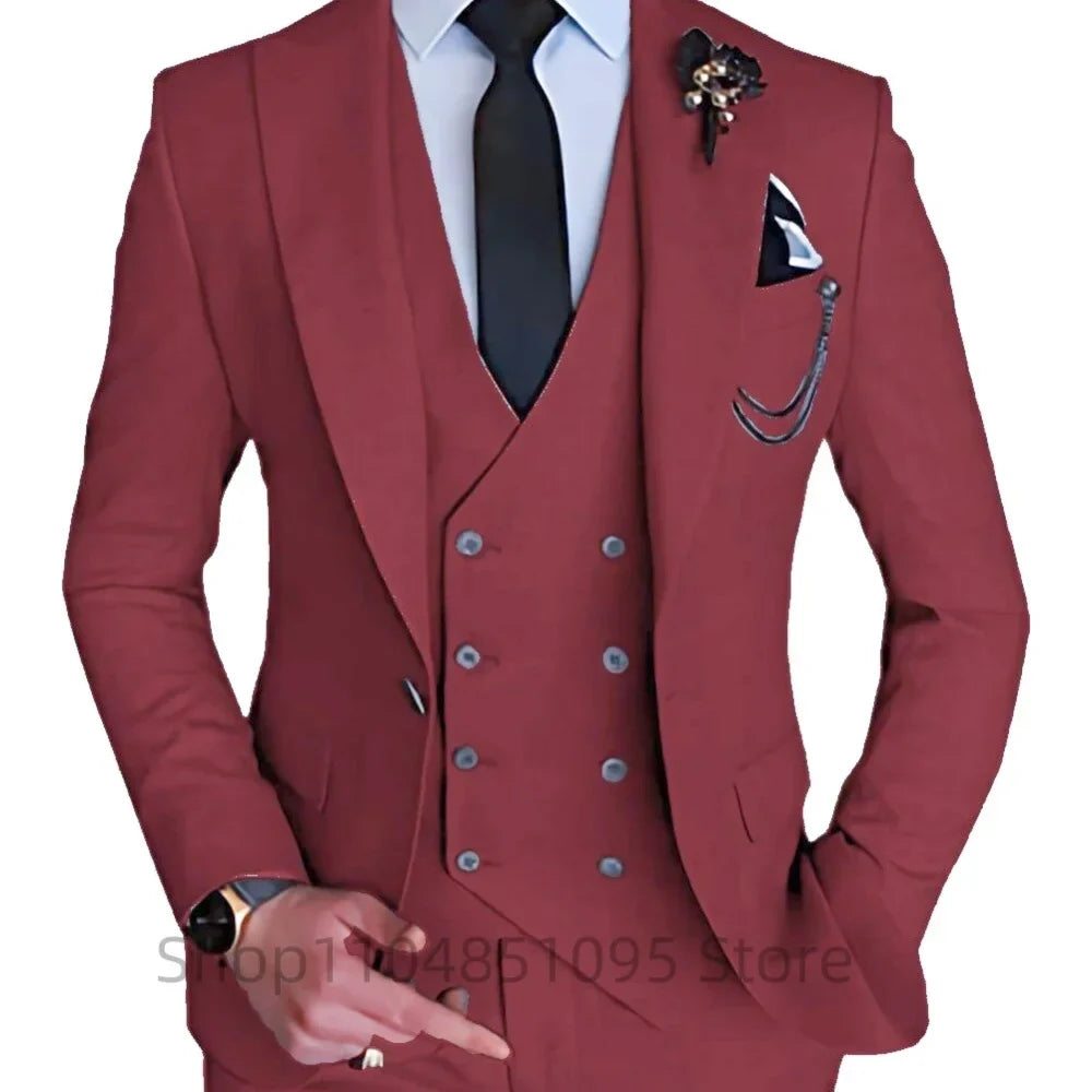 3 Piece Men's Wedding Dress Suits Slim Fit Peak Lapel Blazer+Vest+Pants Groom Tuxedos for Party Formal Suit Elegant Men Clothes