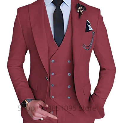 3 Piece Men's Wedding Dress Suits Slim Fit Peak Lapel Blazer+Vest+Pants Groom Tuxedos for Party Formal Suit Elegant Men Clothes
