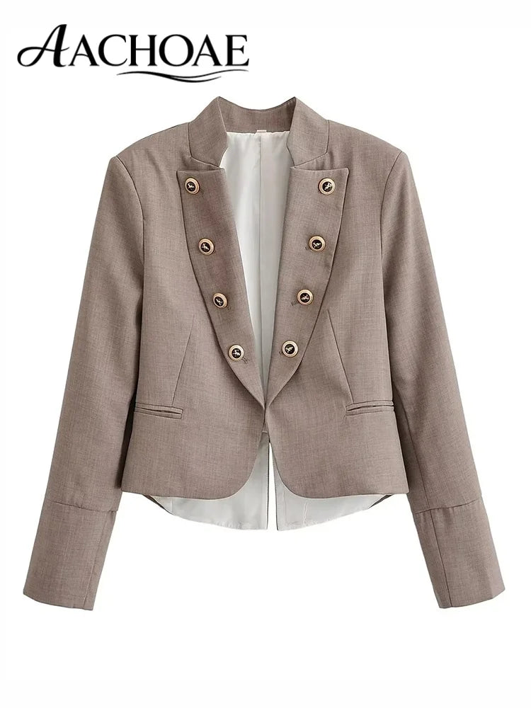 Elegant Women Cropped Blazer Jacket Double Breasted Button Slim Fit Short Suit Coat Office Lady Chic Tailored Blazer Top