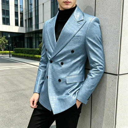 Men's Crocodile Leather Blazer Double Breasted Slim Fit Suit Jacket Formal Business Casual Sport Coat Wedding Party Streetwear