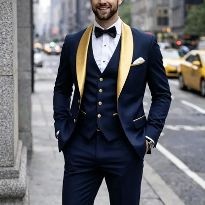 Men Suit Dark Green 3 Piece With Gold Lapel Single Button For Wedding Birthday Banquet Party Business Work Jacket Vest Pants