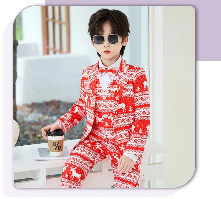 Boys Christmas Blazer Jacket Waistcoat Pants Wedding Suits Kids Morning Coat Formal Dress Children Tuxedos Toddler Clothes Sets