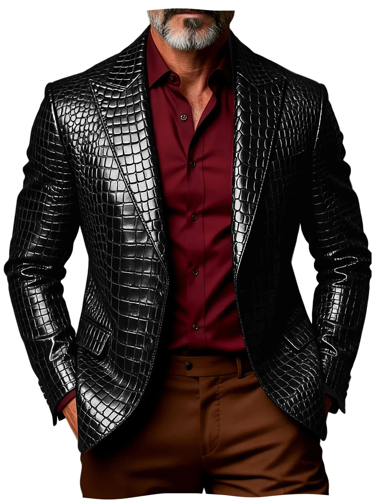 Luxury Men's Crocodile Pattern PU Leather Blazer Notch Lapel Single-Breasted 2 Button Slim Fit Jacket Business Casual for Man