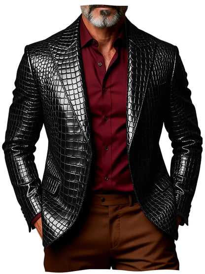 Luxury Men's Crocodile Pattern PU Leather Blazer Notch Lapel Single-Breasted 2 Button Slim Fit Jacket Business Casual for Man