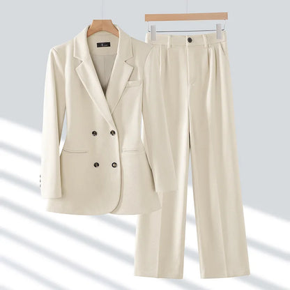 Autumn Winter 2024 New Apricot Coffee Black Elegant Double Breasted Blazer Top And Women High Waist Wide Leg Pant Two Piece Set