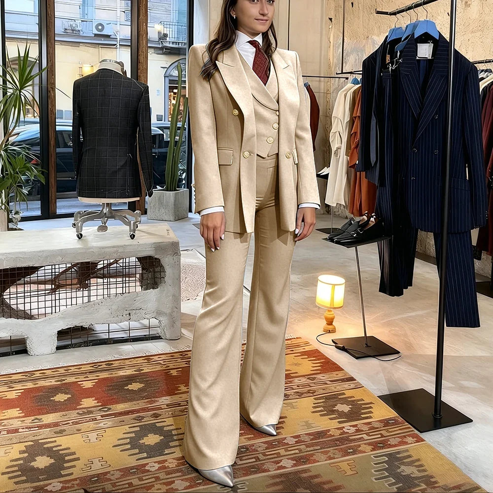 Elegant Women's Pink Double Breasted 3Piece Suit Autumn New Blazer+Vest+Pant Sets Formal Office Evening Party Outerwears