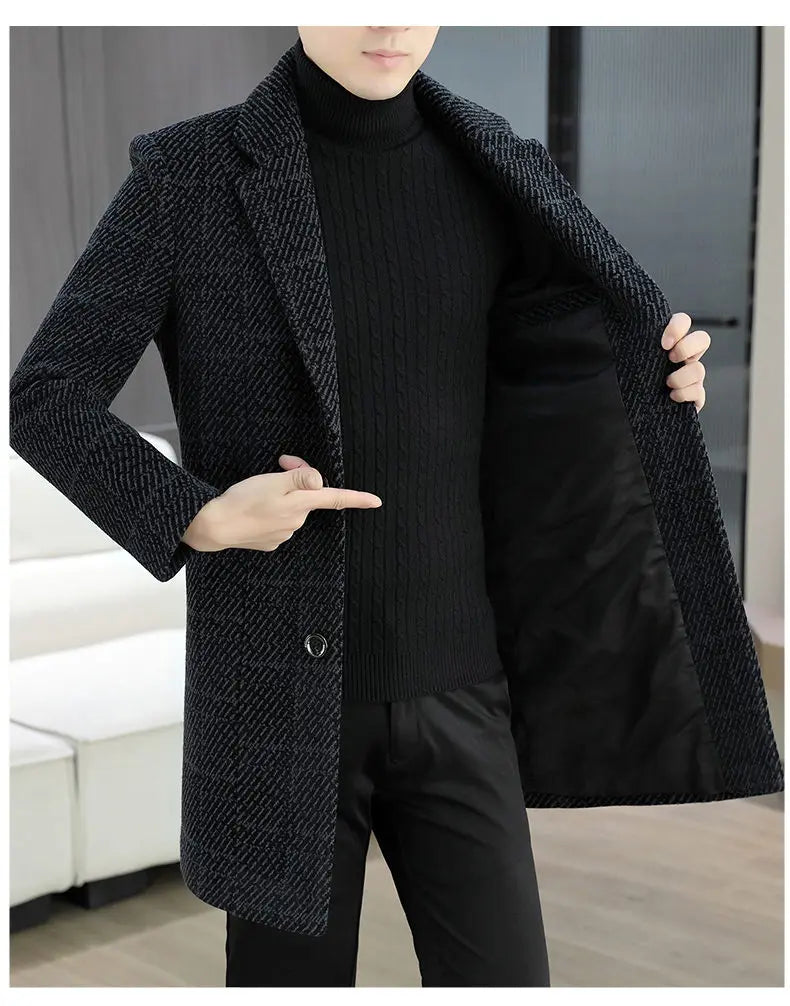 High-quality winter men's fashionable and stylish woolen overcoat, suit collar, mid-length windbreaker, woolen coat
