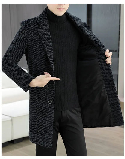 High-quality winter men's fashionable and stylish woolen overcoat, suit collar, mid-length windbreaker, woolen coat