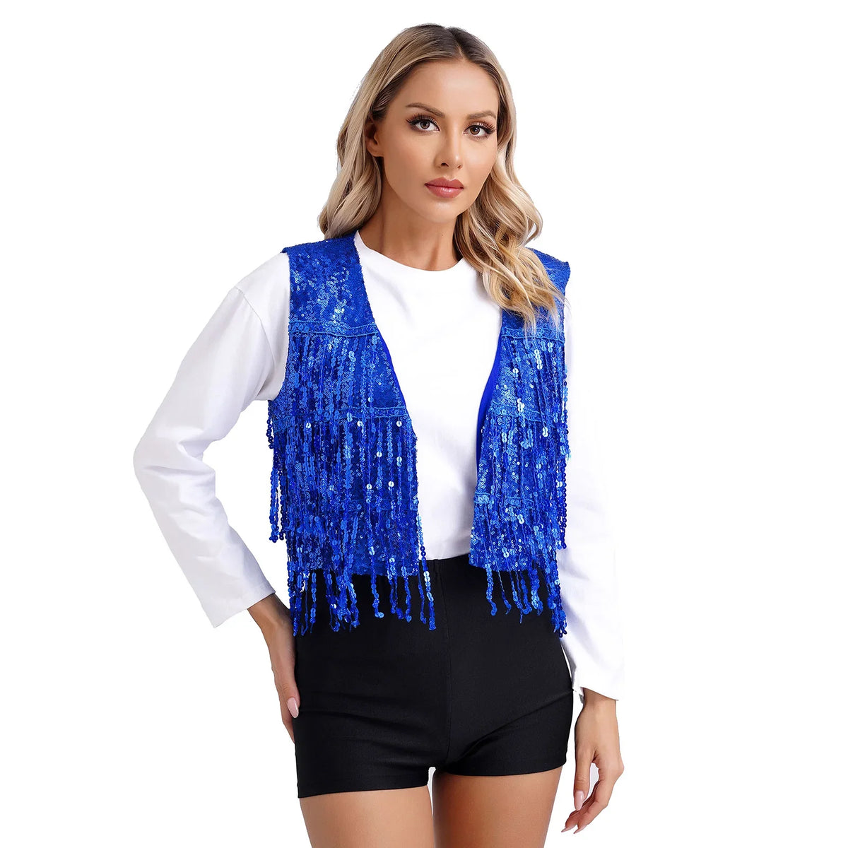 Women's Vest Glitter Tassel Sleeveless Waistcoat V Neck Open Front Shiny Sequins Vests for Jazz Dancing Music Festival Clubwear