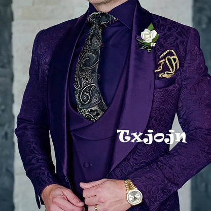Exquisite jacquard Men's 3-piece Suits Wedding Groom Sets Handsome Shawl Lapel Suit Set Dancing Wear Formal Tuxedo For Business