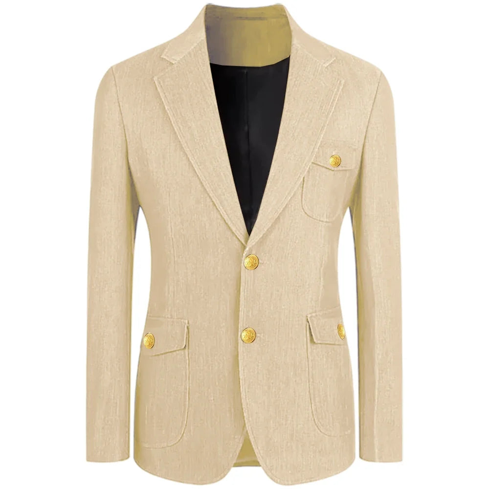 Men's Denim Suit Jacket Classic Notched Lapel Slim Fit Gold Buttons Multiple Pockets Formal Blazer Business Casual Daily Wear