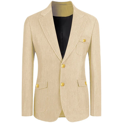Men's Denim Suit Jacket Classic Notched Lapel Slim Fit Gold Buttons Multiple Pockets Formal Blazer Business Casual Daily Wear