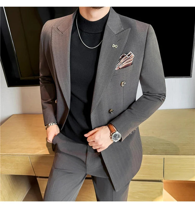 (Jackets+Pant) High Quality Dark Striped Double Breasted Suit Luxury Men Fashion Elegant Tuxedo Formal Groom Wedding Social Suit