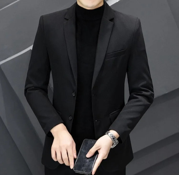 Men's Winter Cotton-Padded Thick Double-Breasted Casual Blazer Korean Style Trendy Solid Color Dark Blue Black Suit Jacket