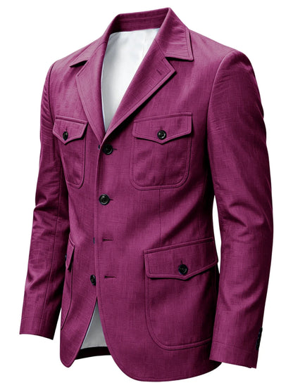 Men's Linen Safari Blazer Four Flap Pockets Slim Soft Jacket Casual Business Coat For Street Outdoor Vacation Party Daily Travel