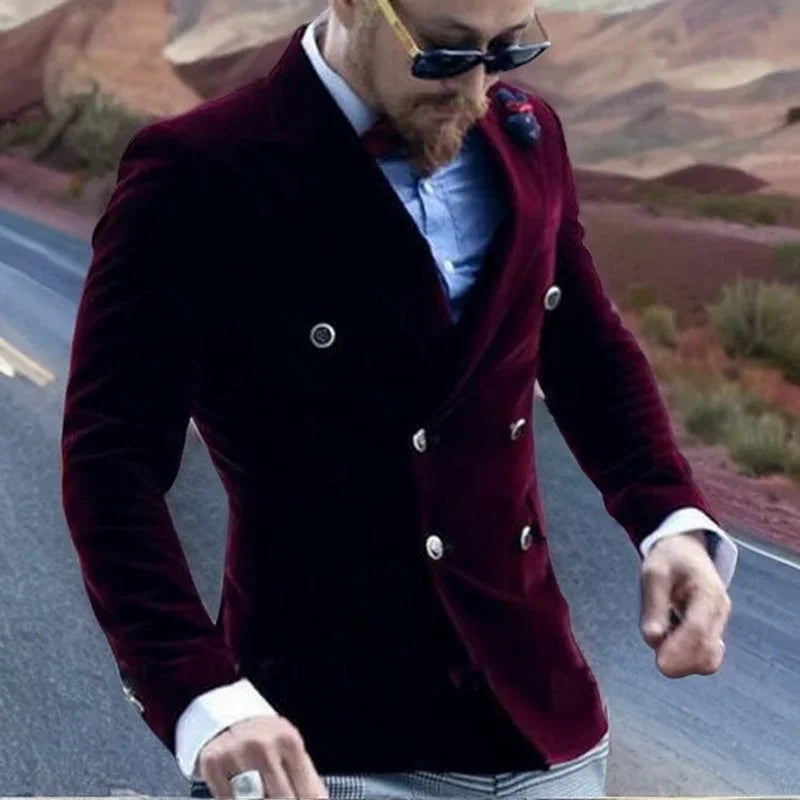 Burgundy Velvet Smoking Jacket for Men Slim Fit Double Breasted Casual Suit Blazer 1 Pcs Groom's Fashion Coat 2024