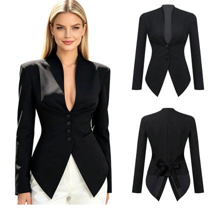 Women Korean Fashion Suits Jacket Button-down Solid Color Blazer Coats Padded Shoulder Pointed Hem Blazers Office Lady Outerwear