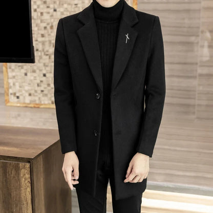 High-quality men's fashionable and stylish mid-length solid color woolen and cotton thick coat for autumn and winter