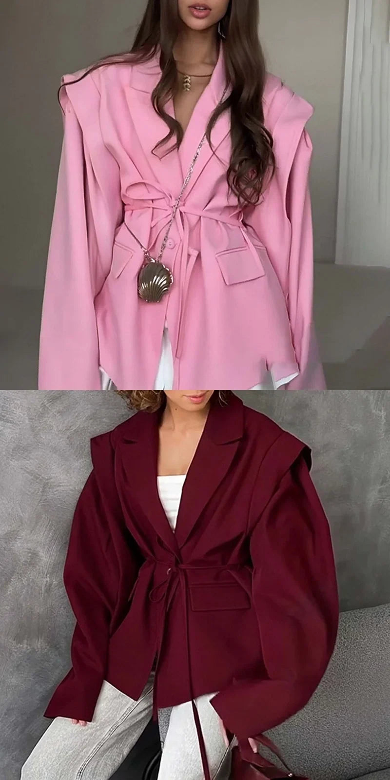 Spring Autumn Fashion Women's Pure Color Belted Shoulder Pad Suit Coat Commute Style Loose Fit Long Sleeve Regular Length