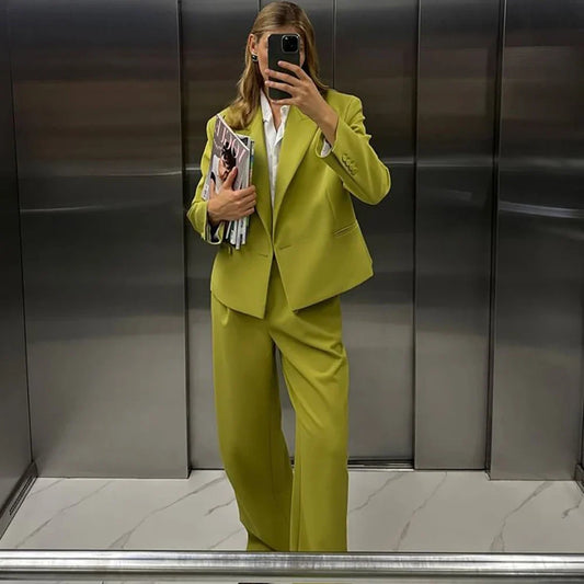 Chic Women Cropped Blazer 2Pic Suit Set Single Breasted Lime Green Jacket Pants Formal Office Business Wedding Guest Party Wear