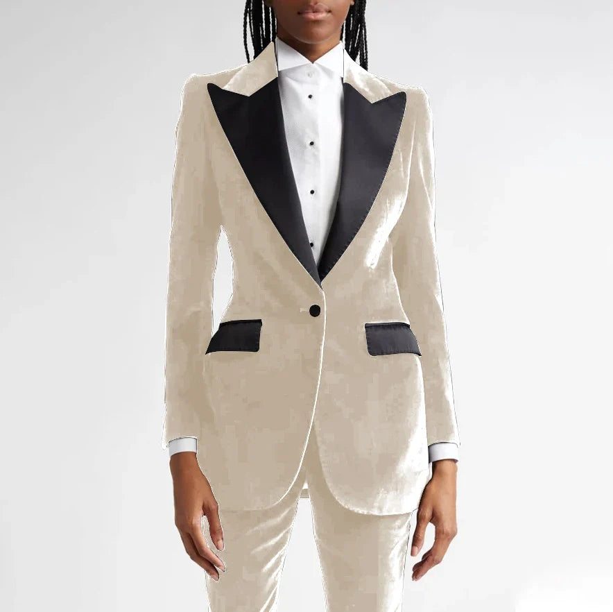 Black Flannel Women Suit Customized Single-grain Buckle Peaked Lapel Two Pieces(Jacket+Pants) Modern Business Office Lady Set