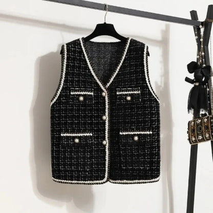 Women's Contrast Knitted Vest New Autumn Short Sleeveless Jacket V-neck Single Breasted Waistcoat Female Coats Chaleco Mujer