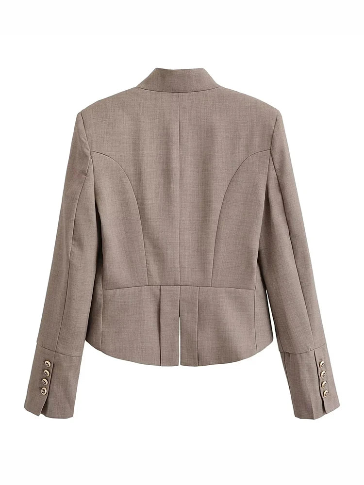 Elegant Women Cropped Blazer Jacket Double Breasted Button Slim Fit Short Suit Coat Office Lady Chic Tailored Blazer Top