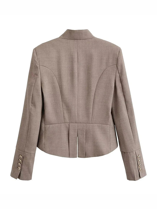 Elegant Women Cropped Blazer Jacket Double Breasted Button Slim Fit Short Suit Coat Office Lady Chic Tailored Blazer Top