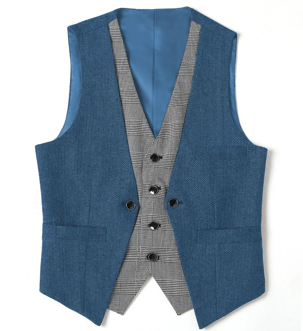 Men's Herringbone Vest – V-Neck Single Breasted Waistcoat for Weddings & Formal Events
