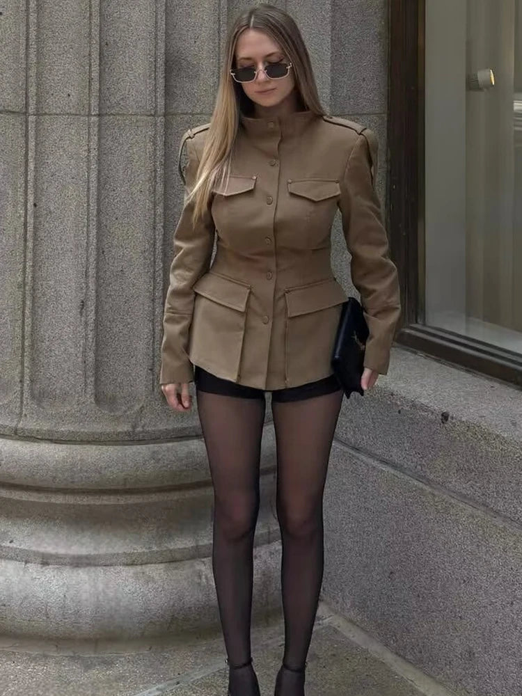 Fashion Women Slim Safari Blazer Jacket 2026 Stand Collar Long Sleeve Pocket Vintage Trench Coat Female Elegant Street Blazer
