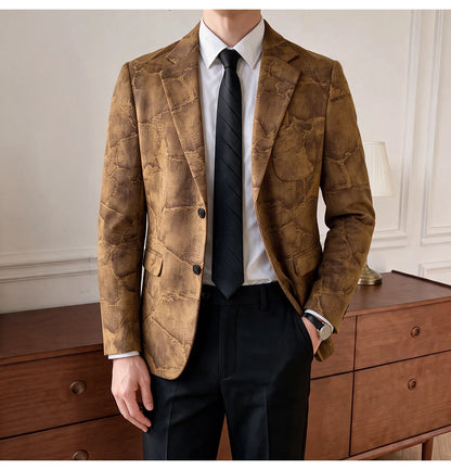 Men's Embossed Suede Blazer Smart Casual Single Breasted Jacket for Everyday Wear
