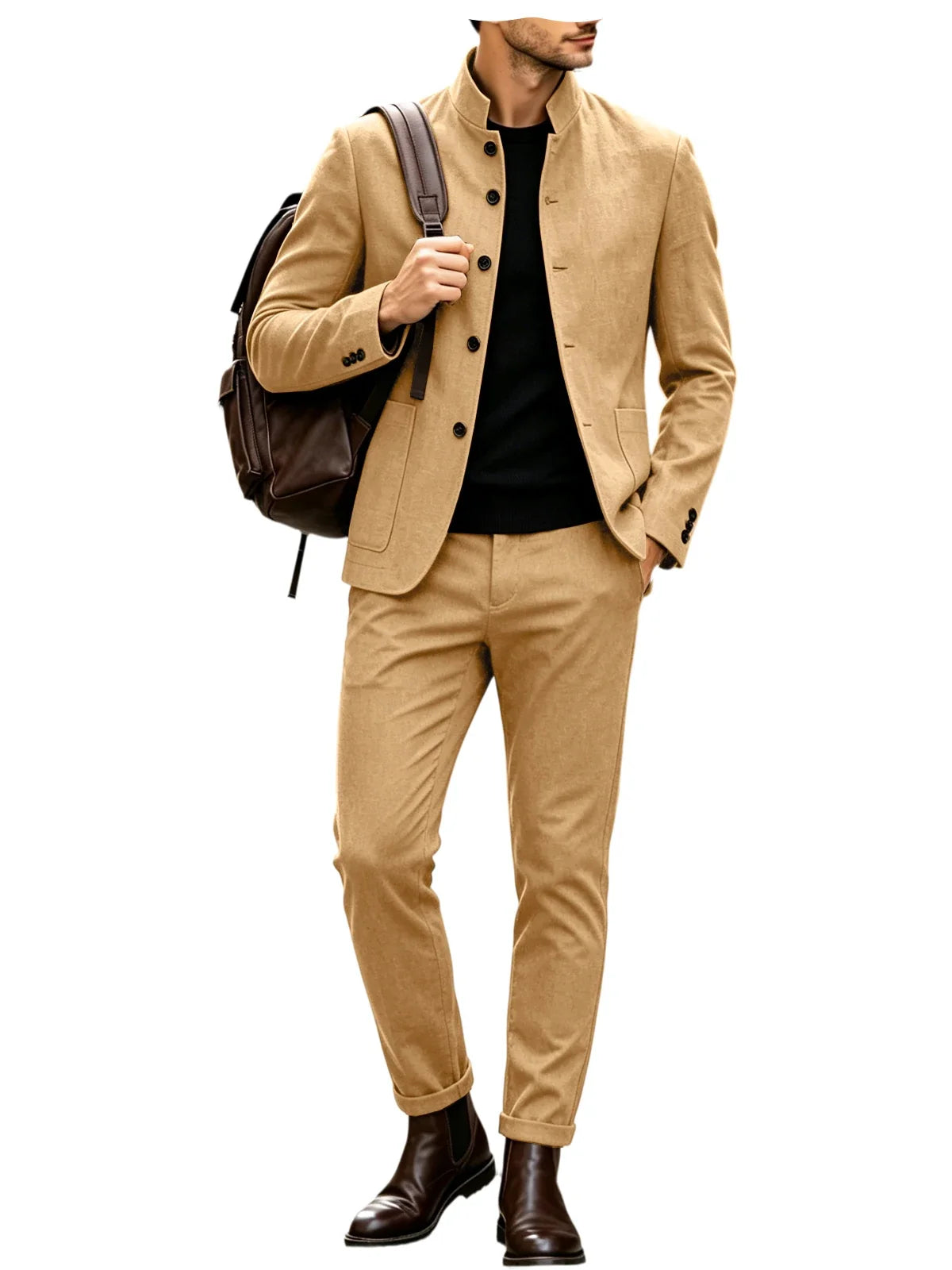 Men Stand Collar Linen Blazer Set Slim Fit 2 Pieces Jacket Pants Breathable Wrinkle‑Resistant Vintage Casual Business Outerwear
