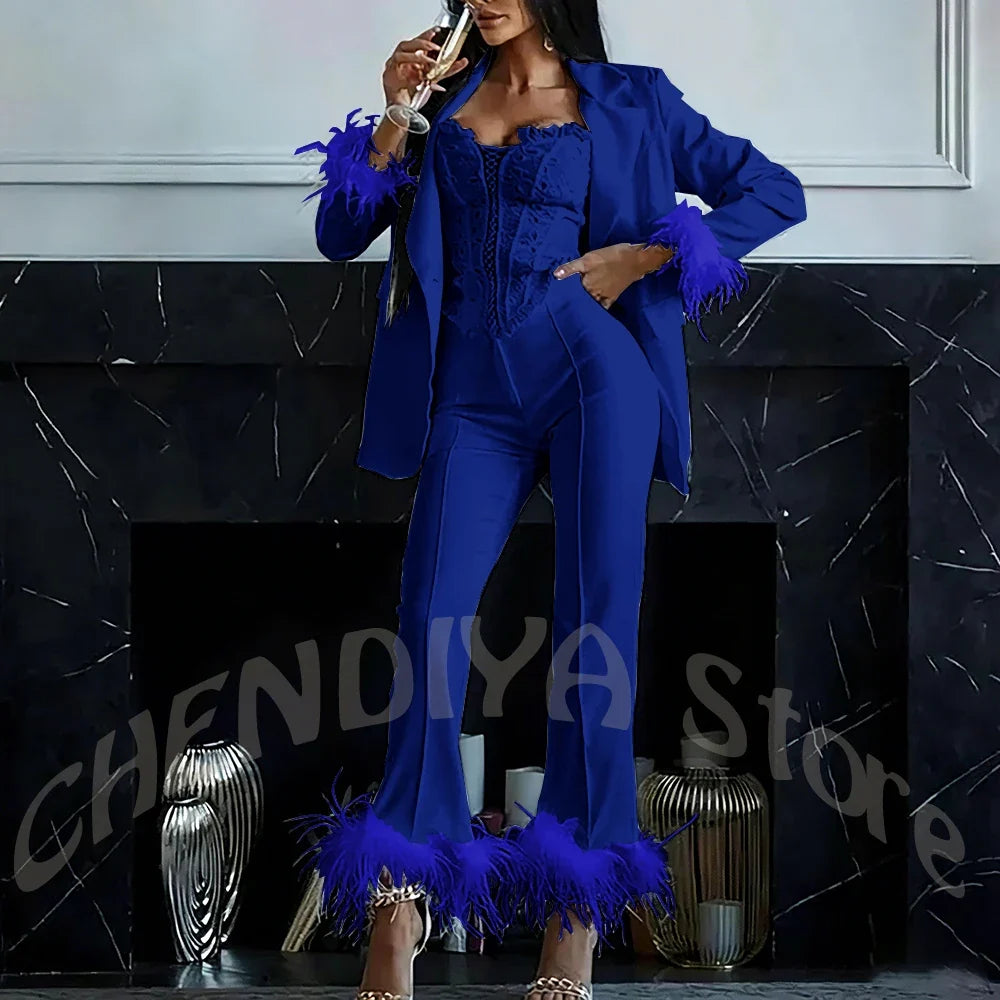Women's Two Pieces Set Luxury 2026 Slim Fit Notch Lapel Glamorous Feather Blazer Formal Evening Party Tailored Made Outfit