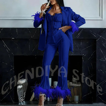 Women's Two Pieces Set Luxury 2026 Slim Fit Notch Lapel Glamorous Feather Blazer Formal Evening Party Tailored Made Outfit