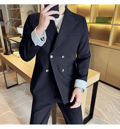 Korean Style Double Breasted Suit Jacket for Men Fashion Casual Business Suit Jackets Office Social Banquet Blazer Masculino