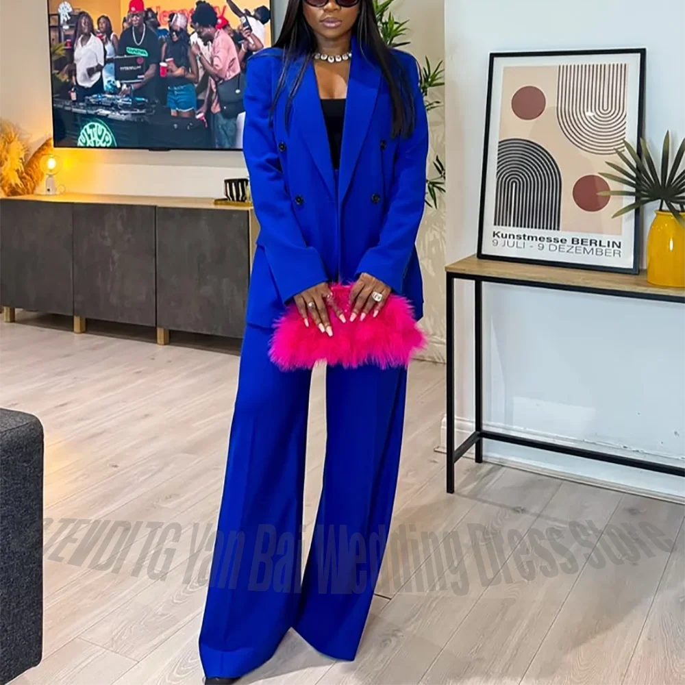 Royal Blue Double Breasted Women Suit Set Classic Fit Wide Leg Pants Formal Business Elegant Office Lady Two Piece Outfit Loose