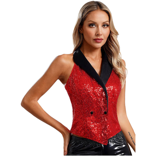 Women's Vests V-neck Sleeveless Waistcoat Glitter Sequined Suits Vests Clubwear Rave Music Festival Jazz Dance Party Dressy Tops