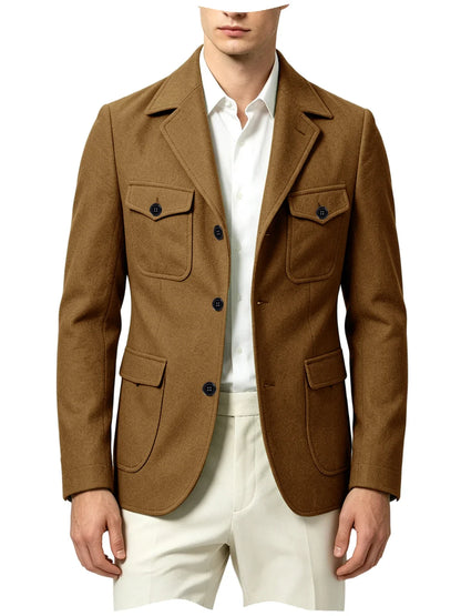 Men's Wool Blazer Notched Lapel Slim Fit 3 Buttons Suit Jacket Multi Pockets Casual Business Autumn Winter Dress Coat Daily Wear