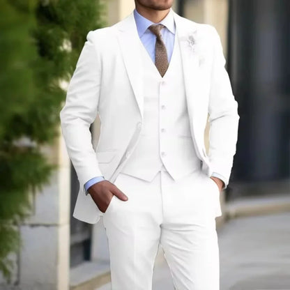 Men's 3-Piece Formal Solid Color Suit Set - Wedding Business Party Dance Classic Occasion Jacket Vest Pants Ensemble