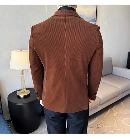 Corduroy Stripe Suit Jacket For Men Autumn Winter Business Slim Fit Tailcoat Formal Wedding Party Fashion Casual Suit Coat 4XL-M