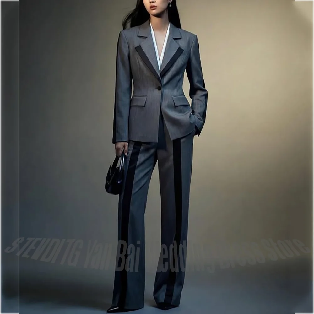 2026 New Grey Women's Suit 2 Piece Set Elegant Office Lady Blazer Pants Black Trim Tailored Suit Formal Business Work Wear